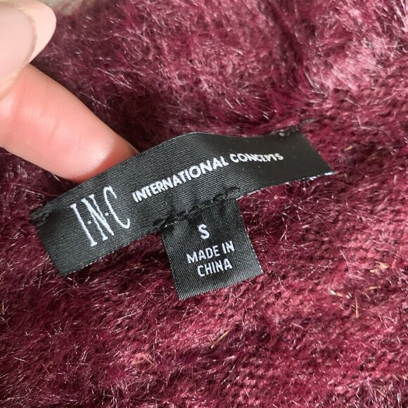 INC International Concepts Fuzzy Metallic V Neck Sweater Oversized sz S Burgundy - Picture 2 of 2
